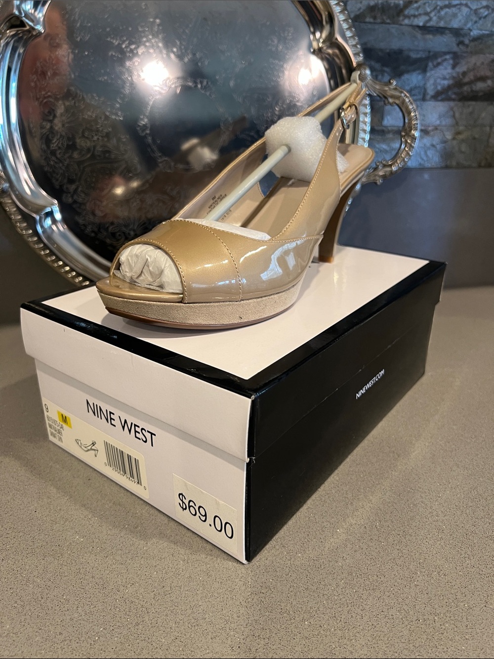 Nine West Nude Patent Leather Peep-Toe Slingback Pumps